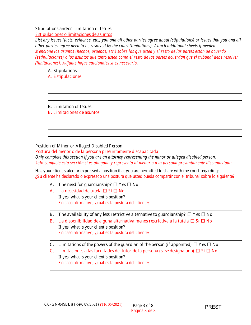 Form CC-GN-049BLS Pre-hearing Statement (Guardianship) - Maryland (English / Spanish), Page 3