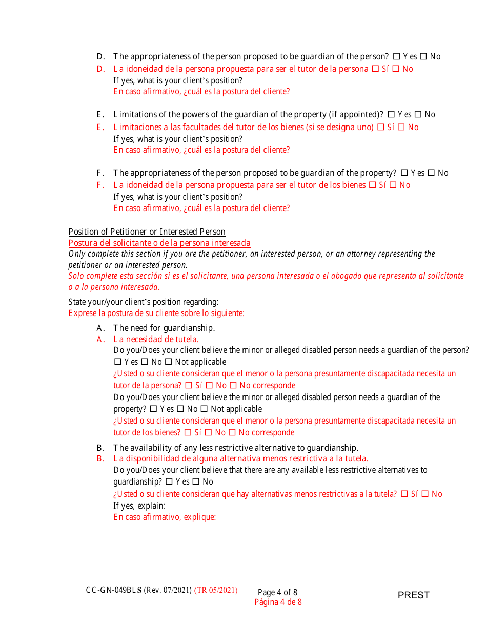 Form CC-GN-049BLS Pre-hearing Statement (Guardianship) - Maryland (English / Spanish), Page 4