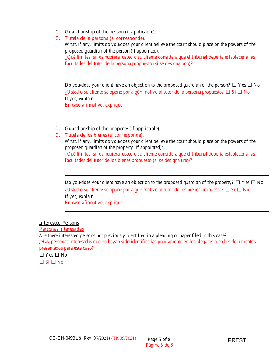 Form CC-GN-049BLS Pre-hearing Statement (Guardianship) - Maryland (English / Spanish), Page 5