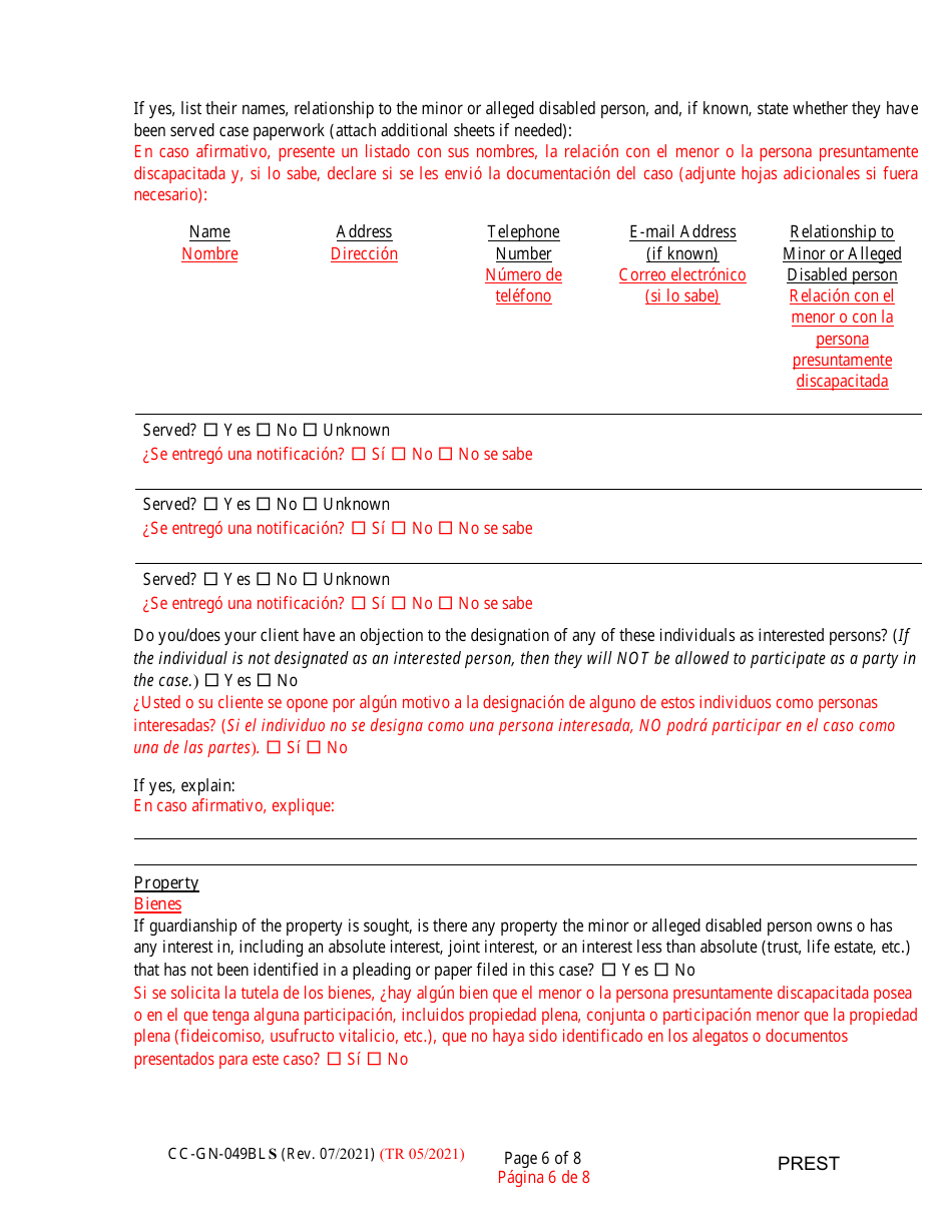 Form CC-GN-049BLS Pre-hearing Statement (Guardianship) - Maryland (English / Spanish), Page 6