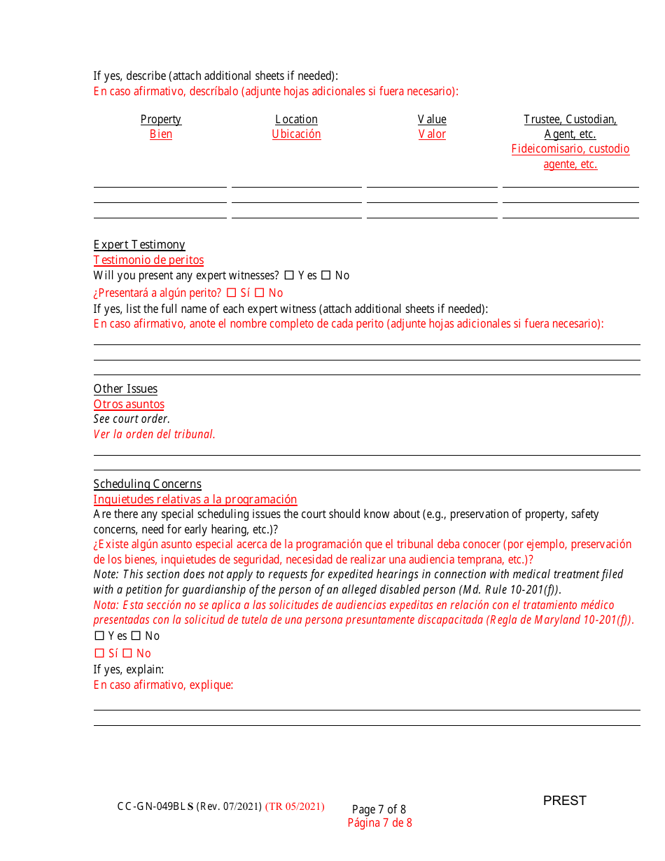 Form CC-GN-049BLS Pre-hearing Statement (Guardianship) - Maryland (English / Spanish), Page 7
