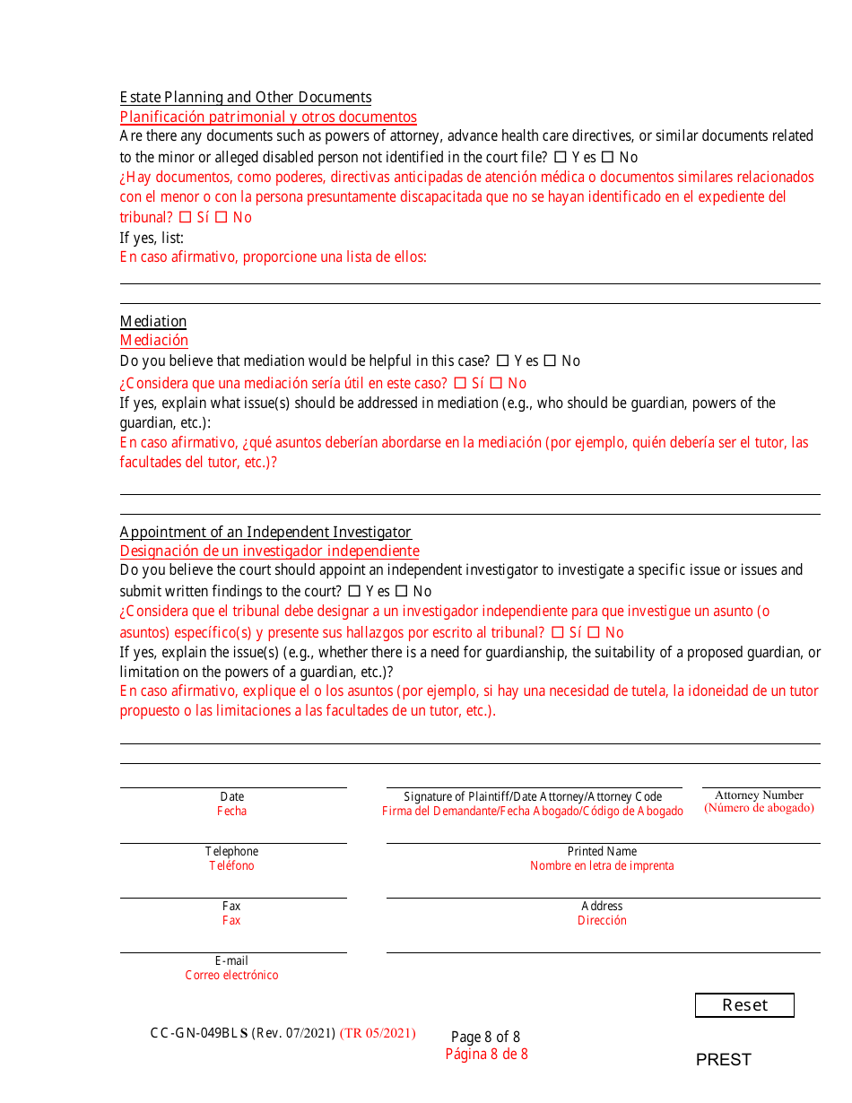 Form CC-GN-049BLS Pre-hearing Statement (Guardianship) - Maryland (English / Spanish), Page 8