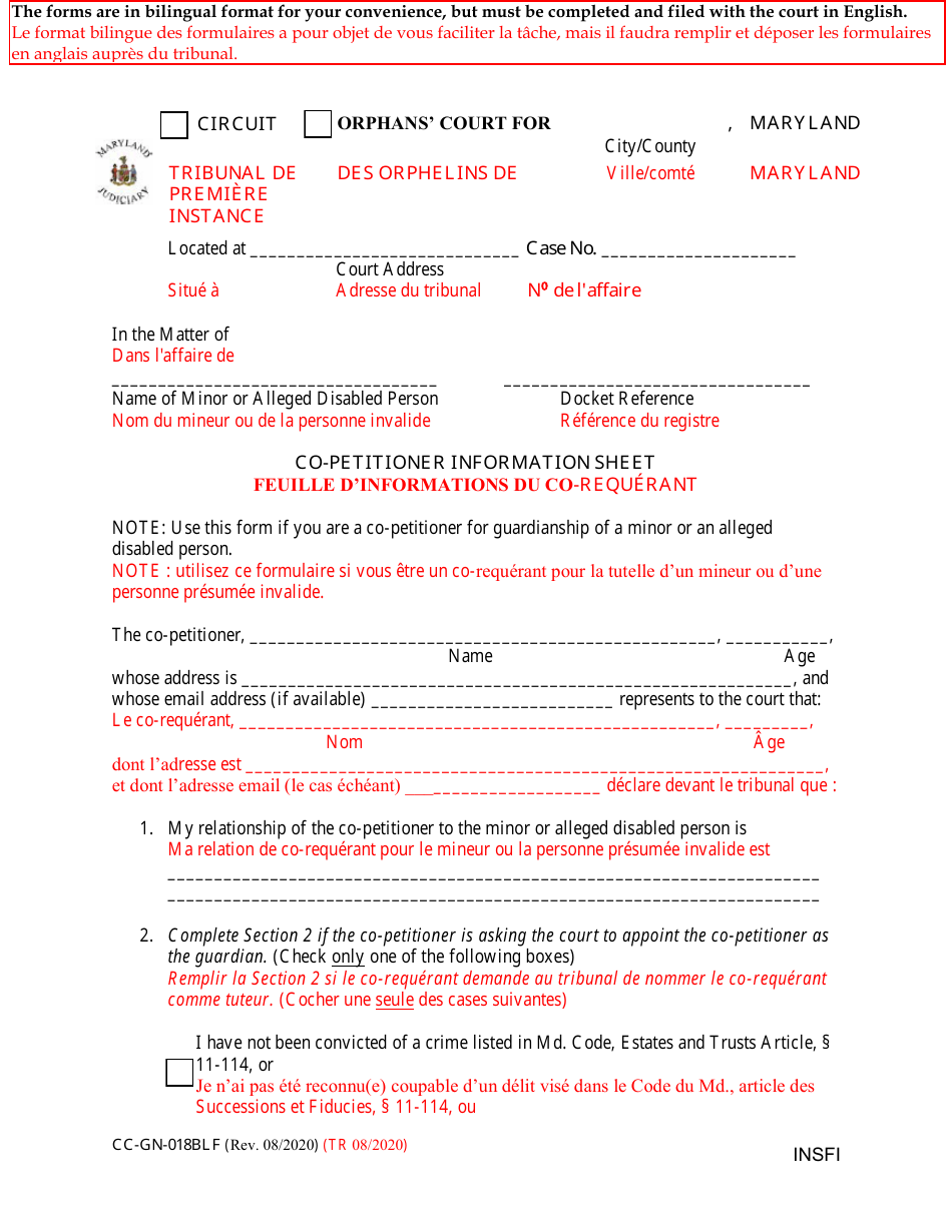 Form CC-GN-018BLF Co-petitioner Information Sheet - Maryland (English / French), Page 1