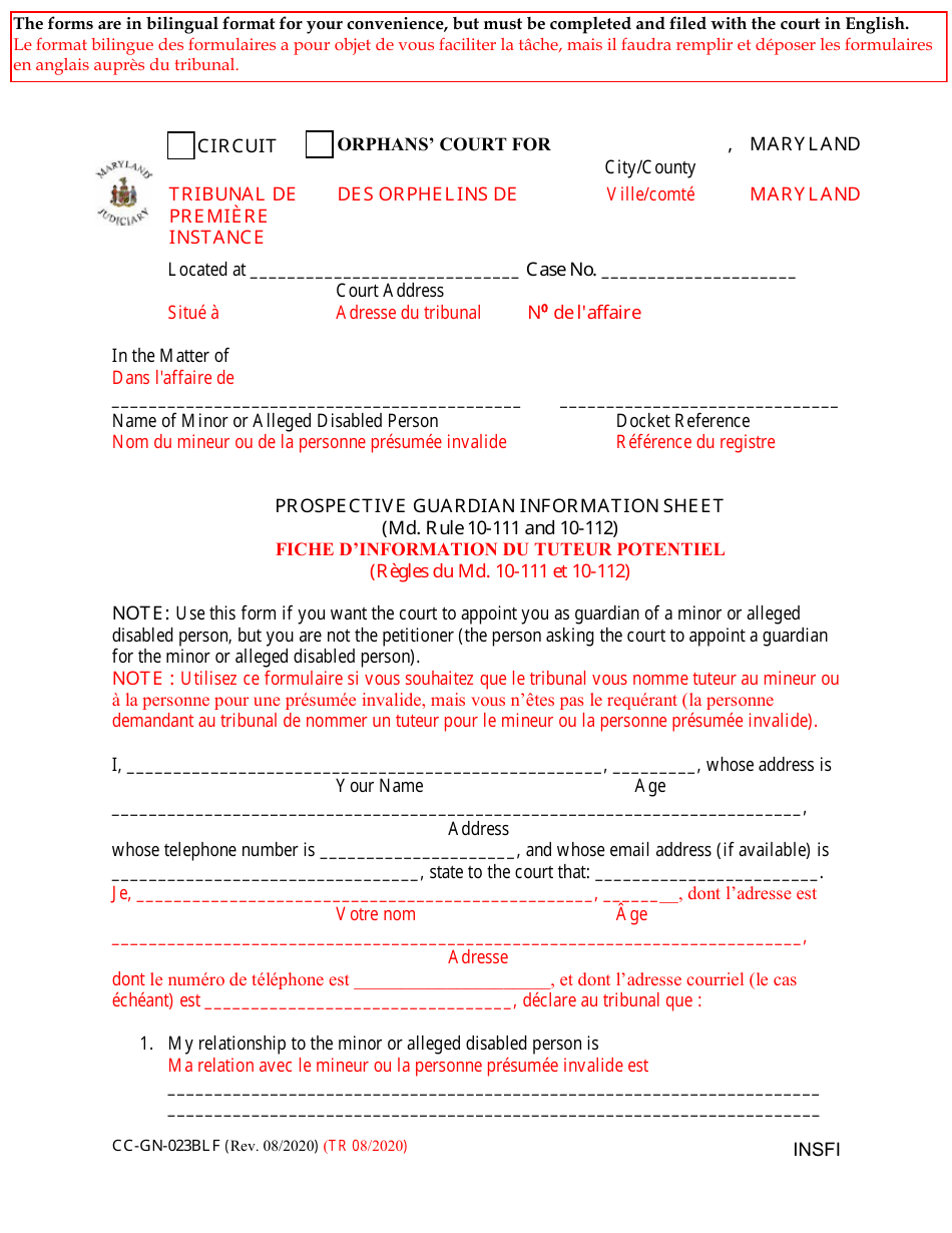 Form CC-GN-023BLF Prospective Guardian Information Sheet - Maryland (English / French), Page 1