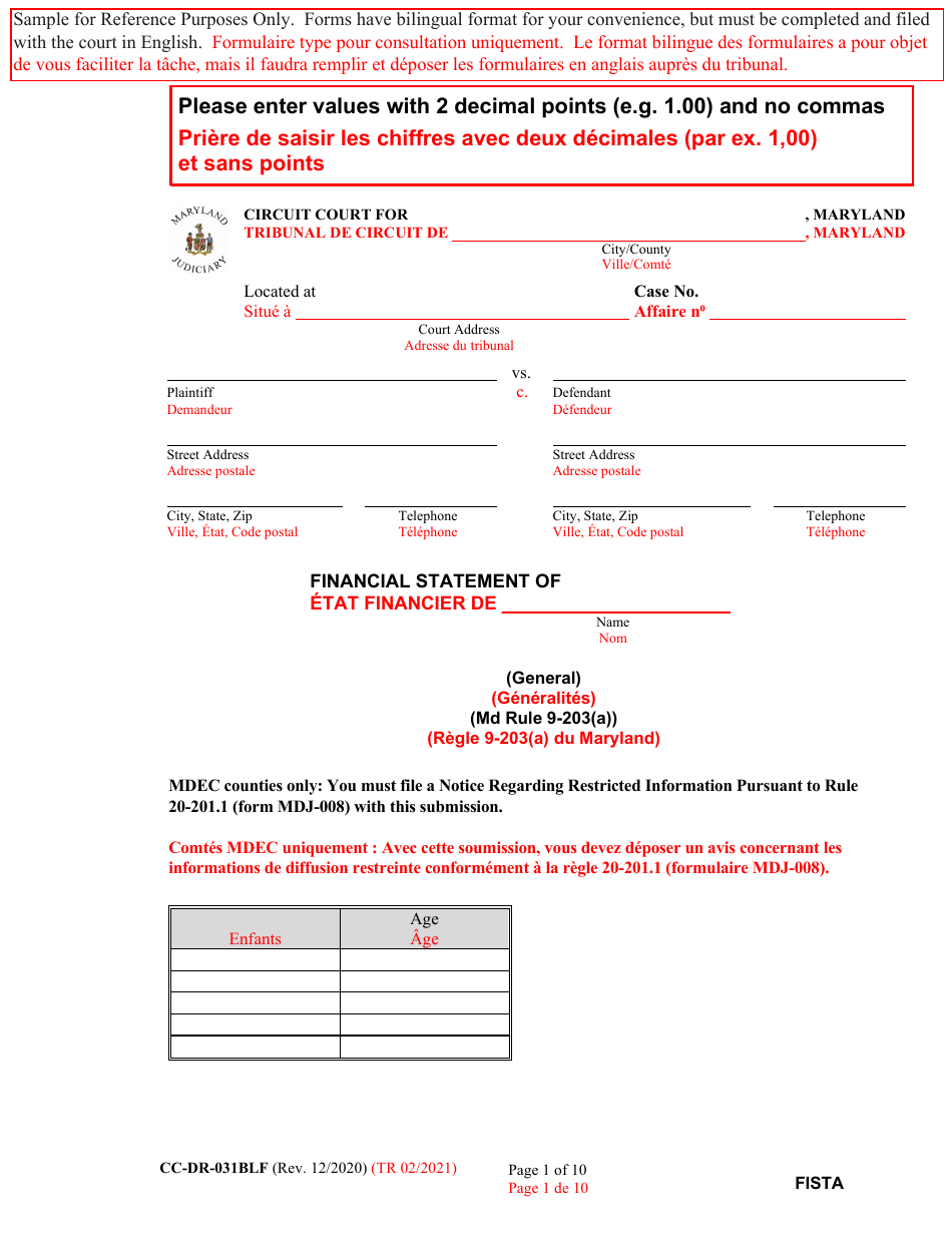 Form CC-DR-031BLF Financial Statement - Maryland (English / French), Page 1