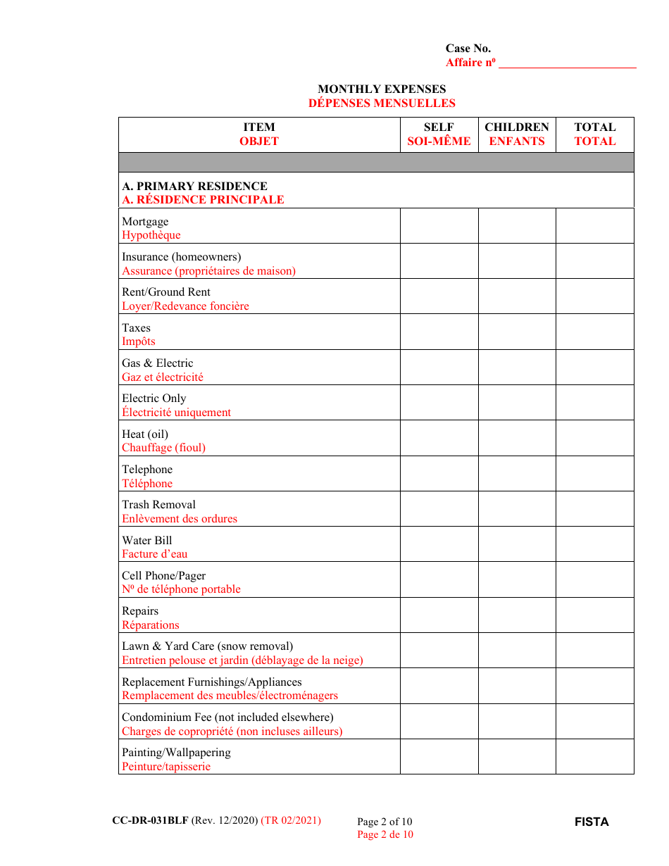Form CC-DR-031BLF Financial Statement - Maryland (English / French), Page 2