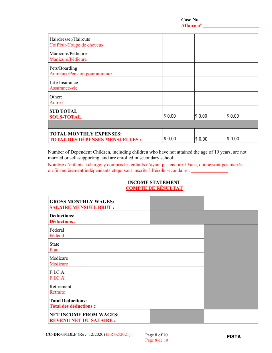 Form CC-DR-031BLF Financial Statement - Maryland (English / French), Page 8