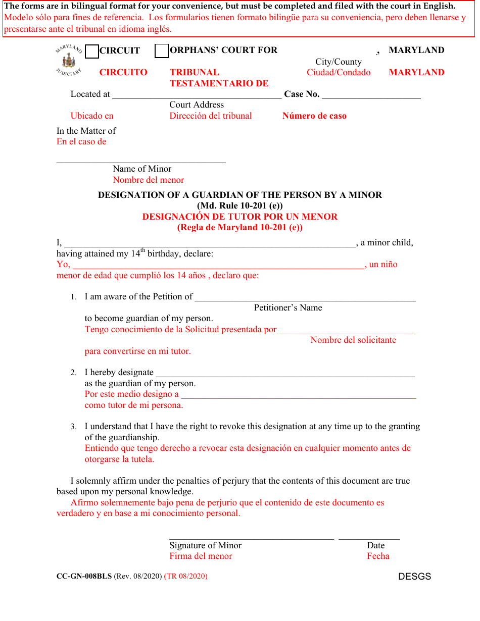 Form CC-GN-008BLS Designation of a Guardian of the Person by a Minor - Maryland (English / Spanish), Page 1