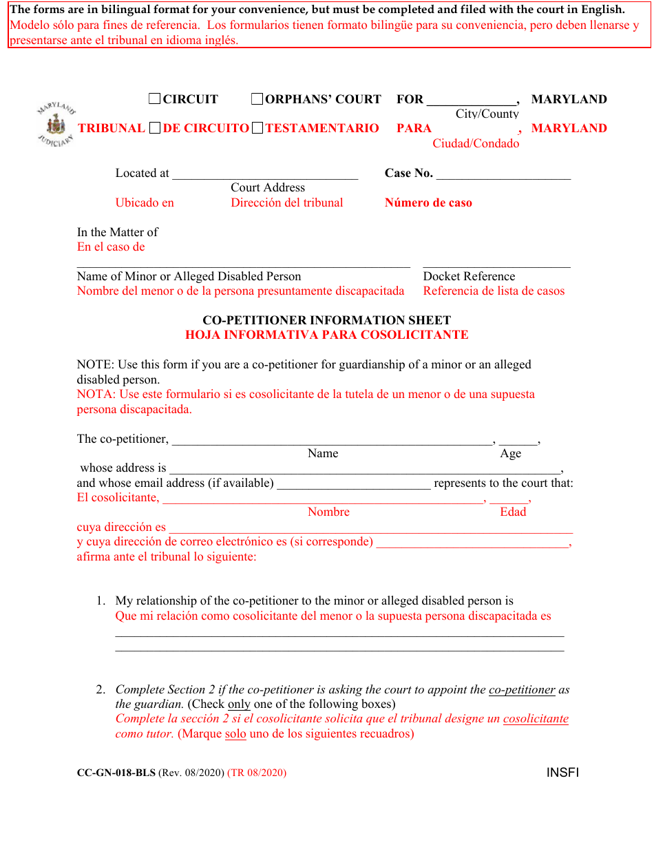Form CC-GN-018-BLS Co-petitioner Information Sheet - Maryland (English / Spanish), Page 1