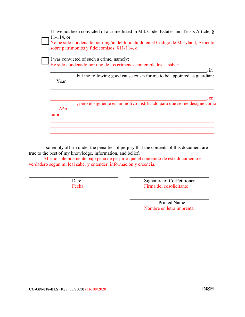 Form CC-GN-018-BLS Co-petitioner Information Sheet - Maryland (English / Spanish), Page 2