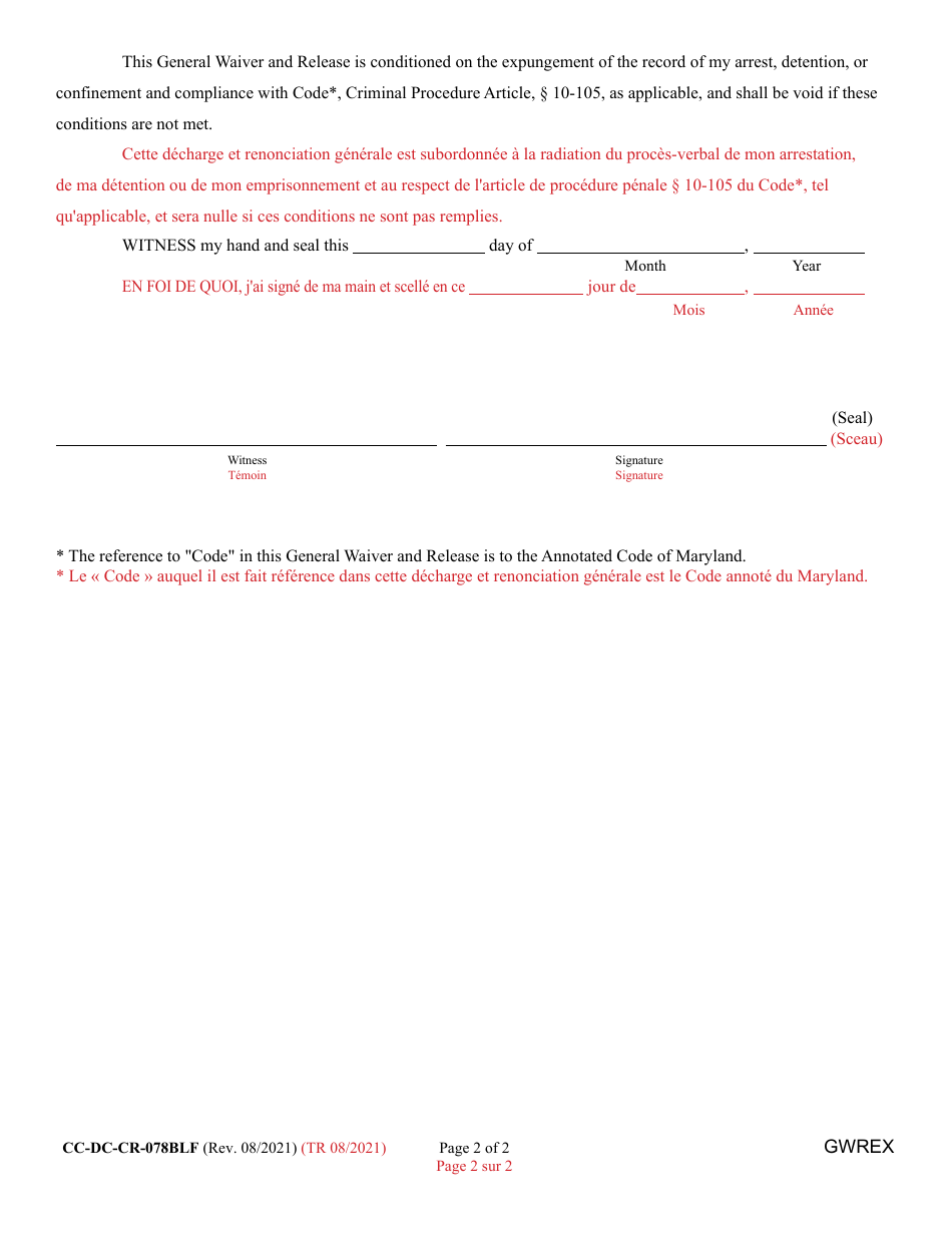 Form 4-503.2 (CC-DC-CR-078BLF) General Waiver and Release - Maryland (English / French), Page 2