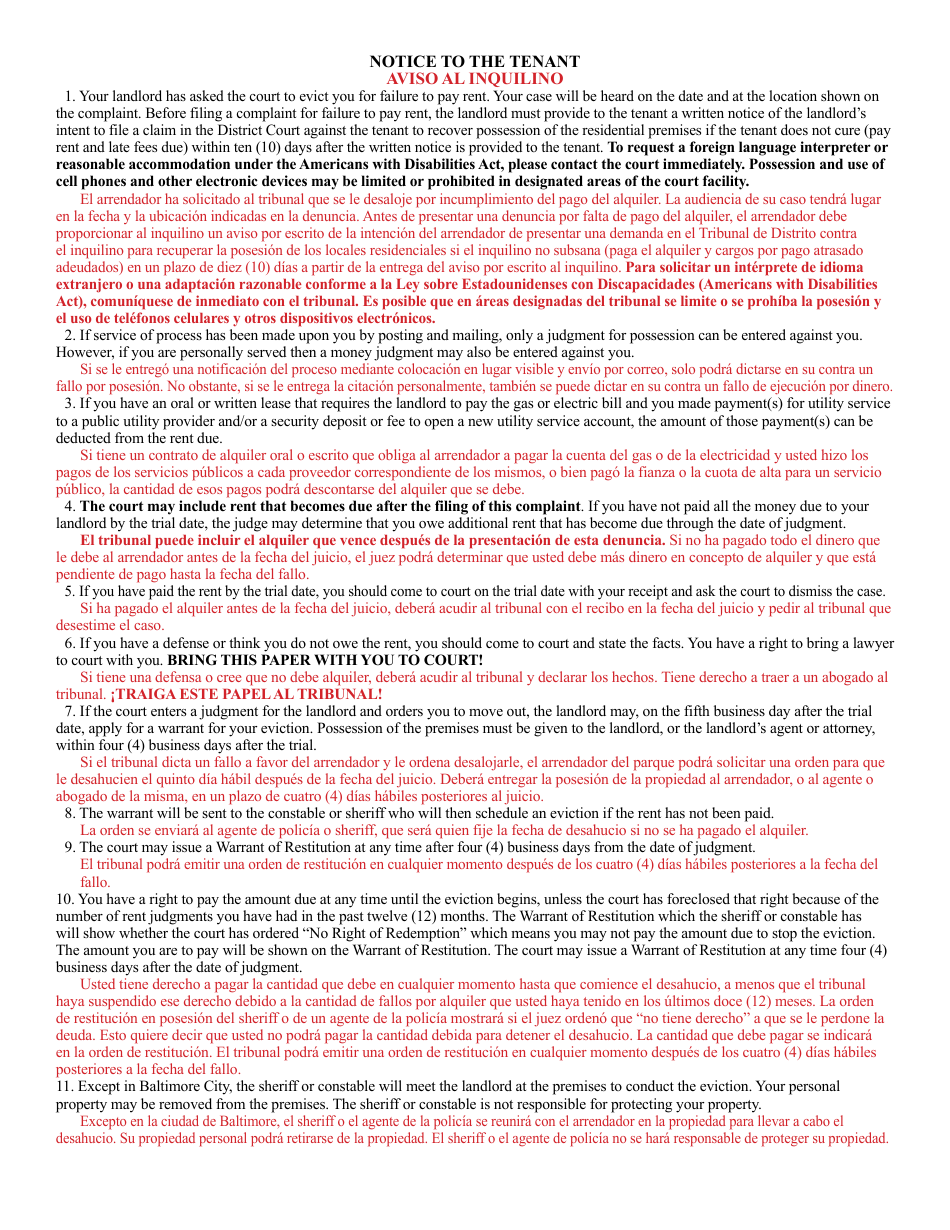 Form DC-CV-082BLS Failure to Pay Rent - Landlords Complaint for Repossession of Rented Property (Real Property 8-401) - Maryland (English / Spanish), Page 10