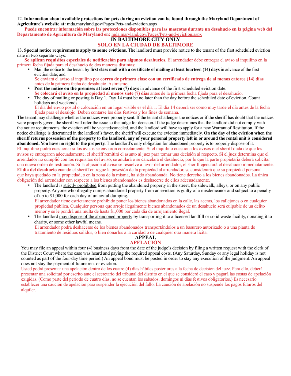 Form DC-CV-082BLS Failure to Pay Rent - Landlords Complaint for Repossession of Rented Property (Real Property 8-401) - Maryland (English / Spanish), Page 11