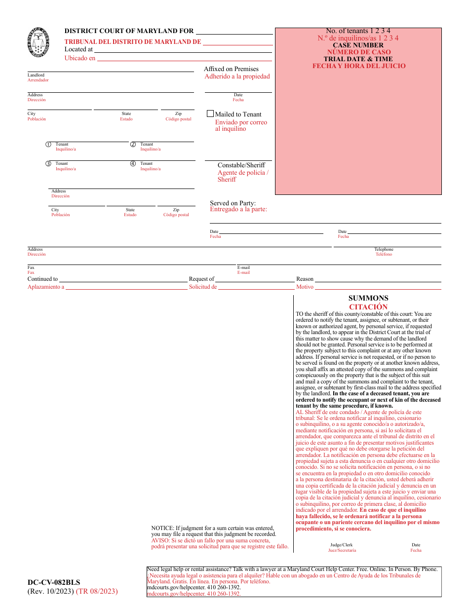 Form DC-CV-082BLS Failure to Pay Rent - Landlords Complaint for Repossession of Rented Property (Real Property 8-401) - Maryland (English / Spanish), Page 9