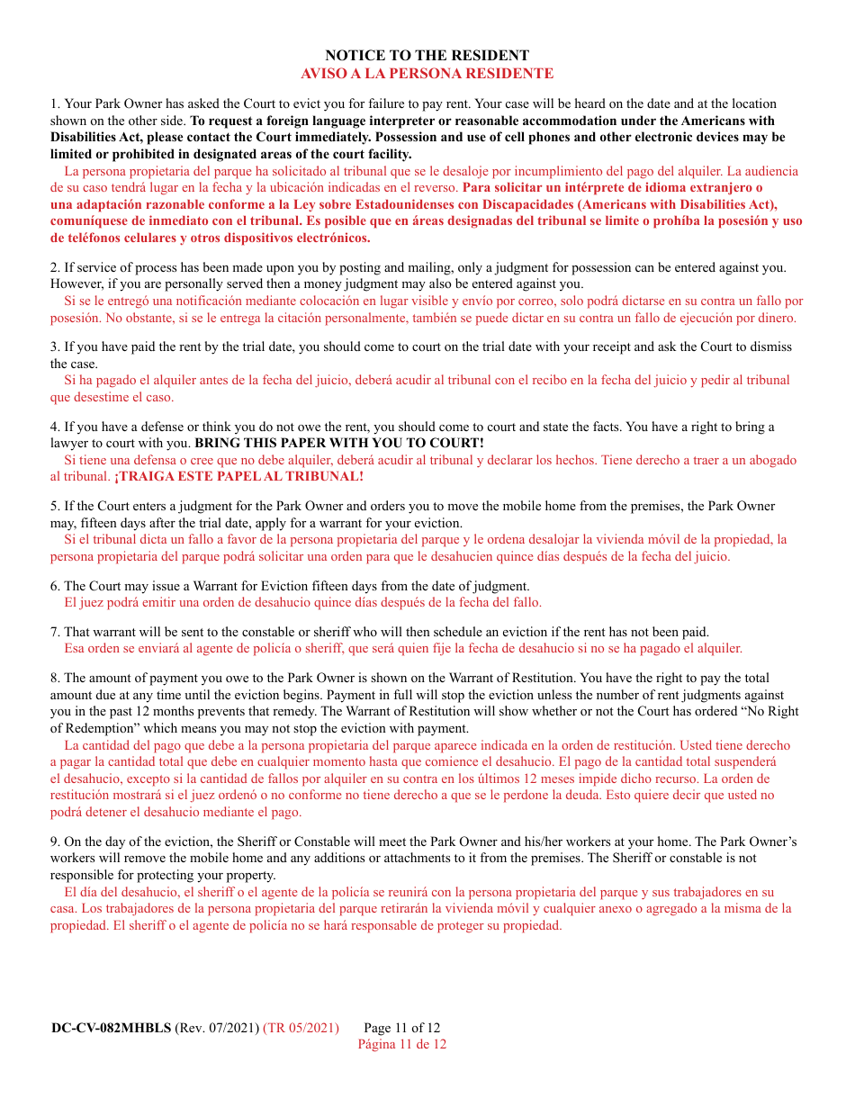 Form DC-CV-082MHBLS Failure to Pay Rent - Park Owners Complaint for Repossession of Rented Property Real Property - Maryland (English / Spanish), Page 11