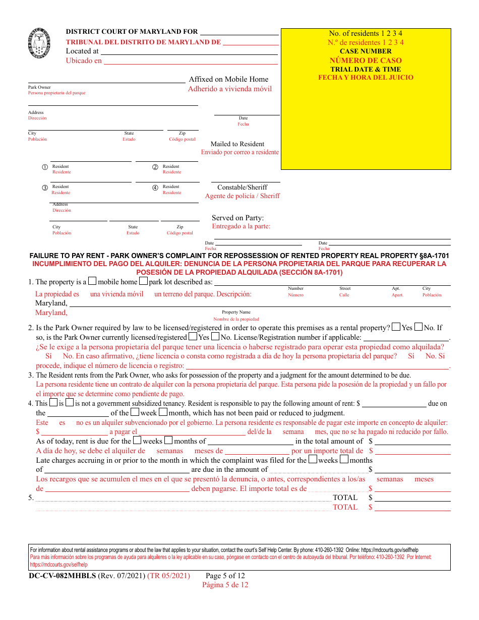 Form DC-CV-082MHBLS Failure to Pay Rent - Park Owners Complaint for Repossession of Rented Property Real Property - Maryland (English / Spanish), Page 5