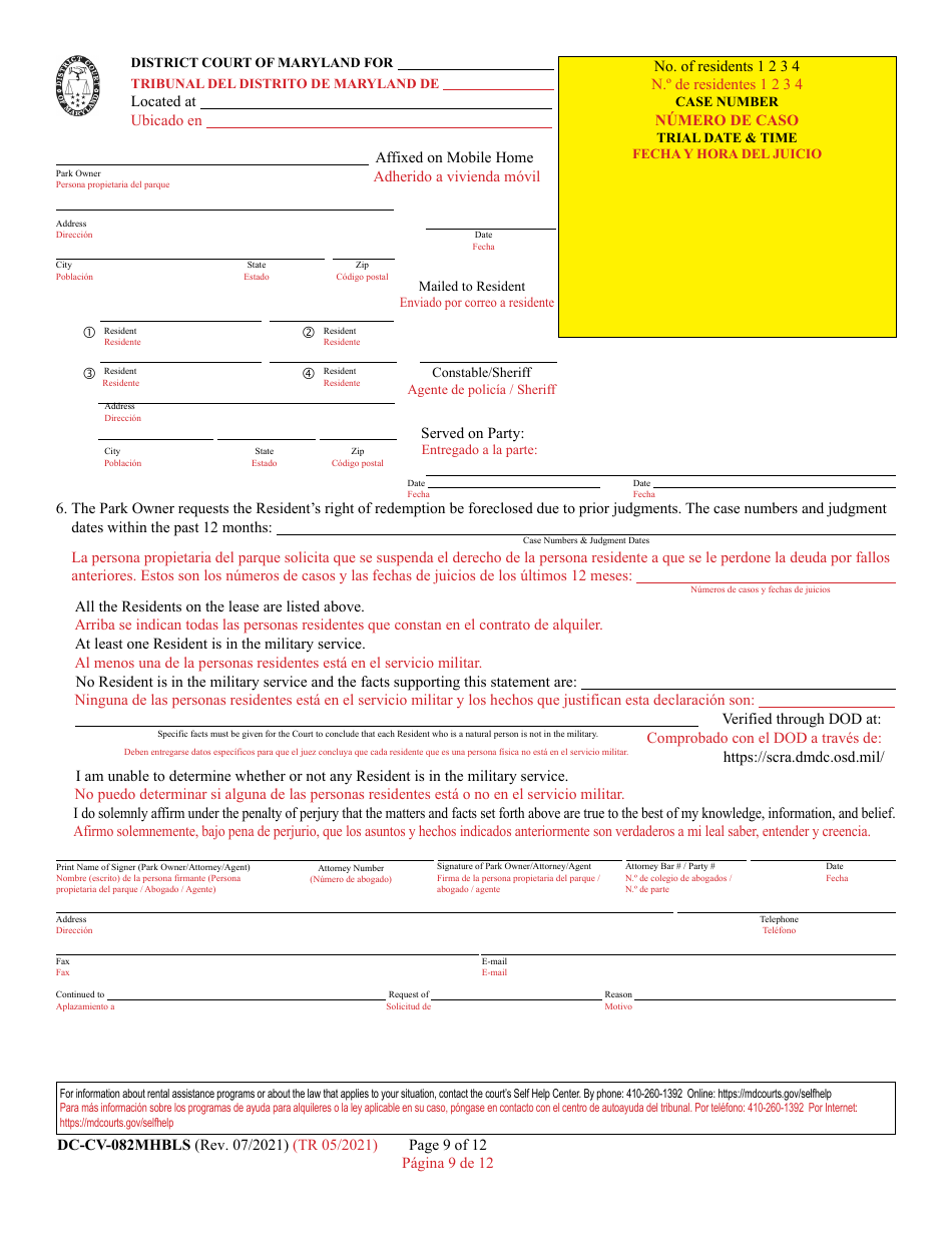Form DC-CV-082MHBLS Failure to Pay Rent - Park Owners Complaint for Repossession of Rented Property Real Property - Maryland (English / Spanish), Page 9