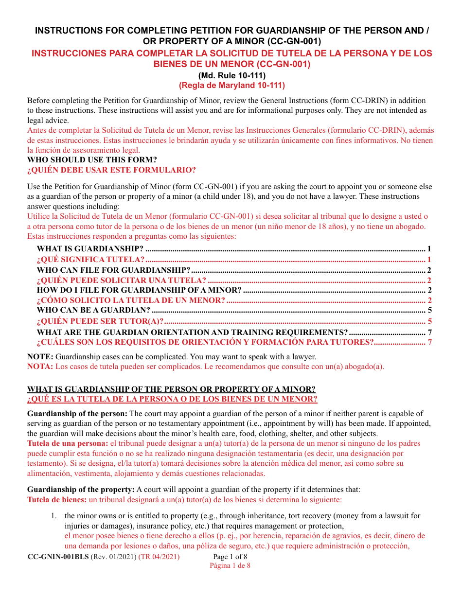 Instructions for Form CC-GN-001BLS Petition for Guardianship of Minor - Maryland (English / Spanish), Page 1