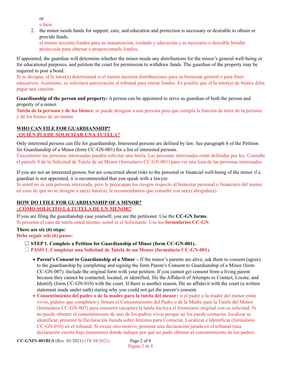 Instructions for Form CC-GN-001BLS Petition for Guardianship of Minor - Maryland (English / Spanish), Page 2