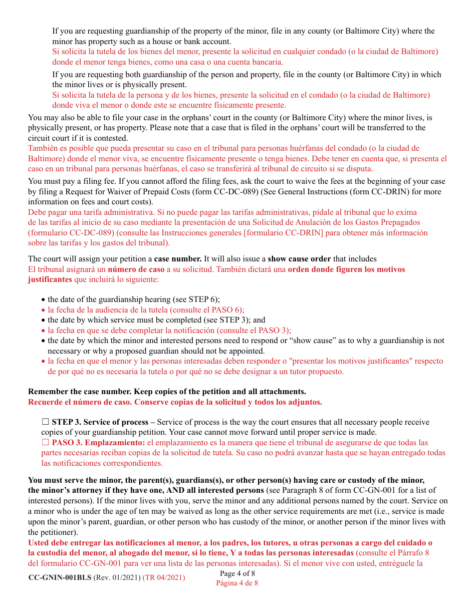 Instructions for Form CC-GN-001BLS Petition for Guardianship of Minor - Maryland (English / Spanish), Page 4