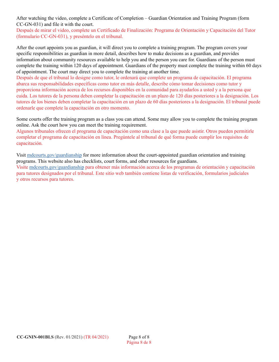 Instructions for Form CC-GN-001BLS Petition for Guardianship of Minor - Maryland (English / Spanish), Page 8