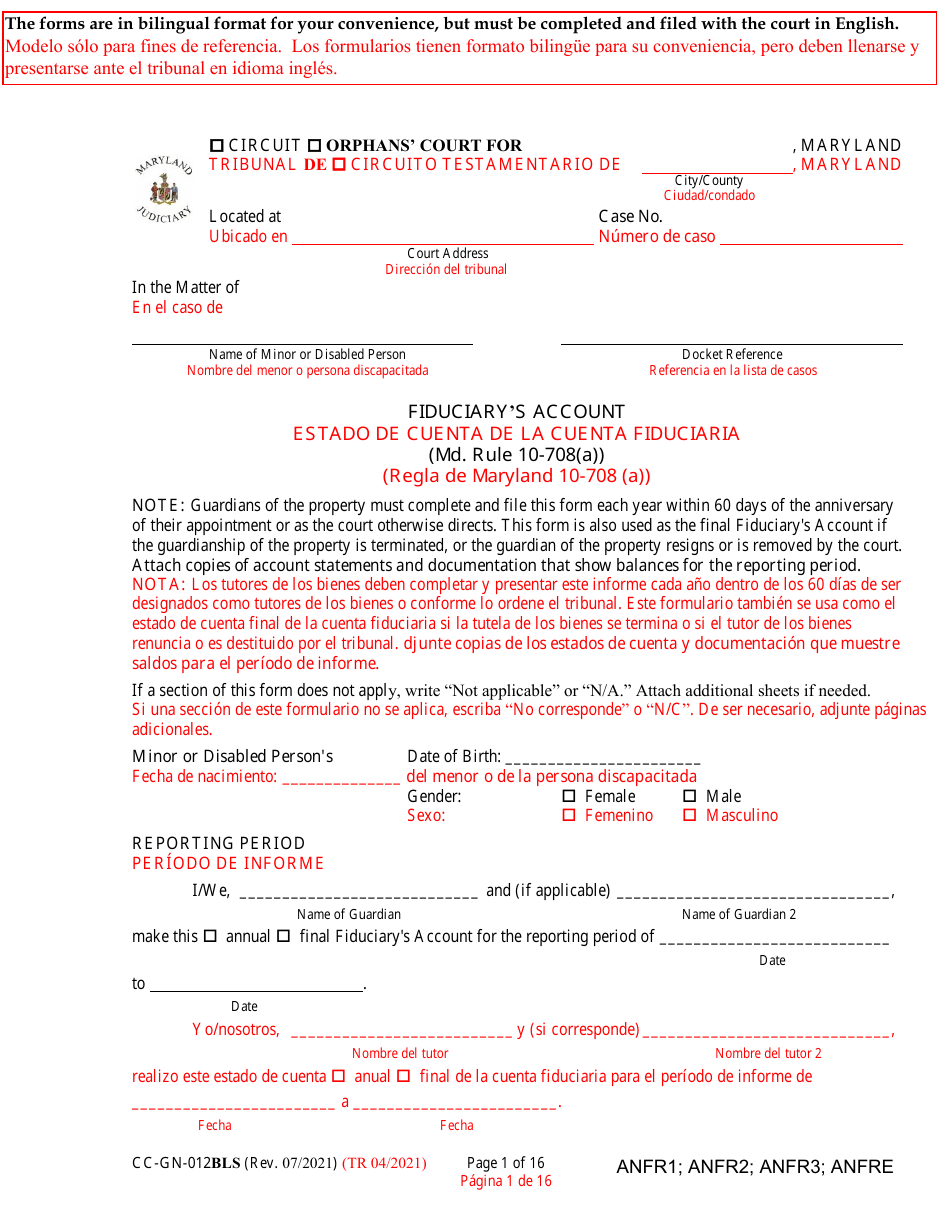 Form CC-GN-012BLS Fiduciarys Account - Maryland (English / Spanish), Page 1