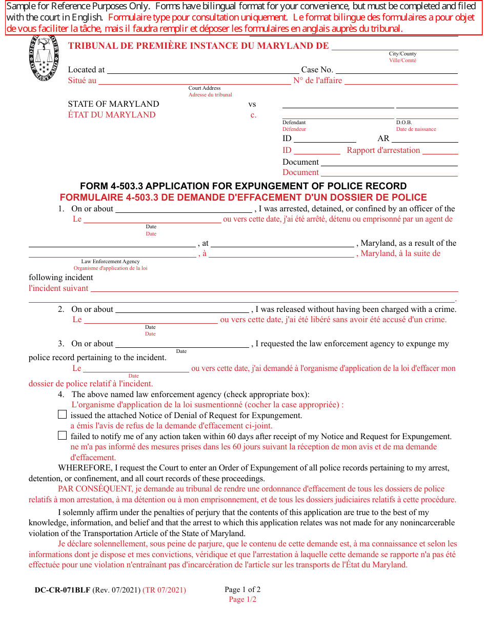 Form DC-CR-071BLF Application for Expungement of Police Record - Maryland (English / French), Page 1