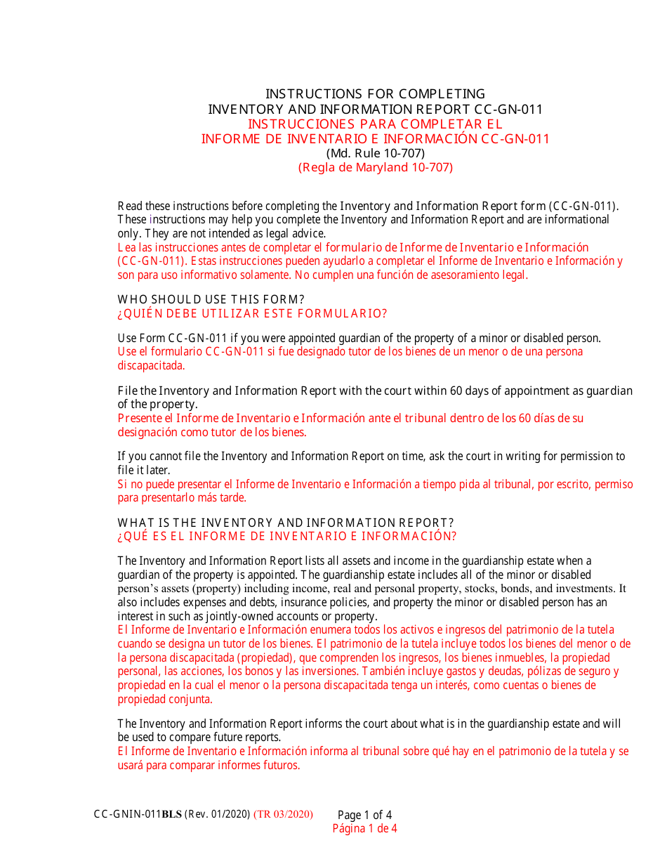 Instructions for Form CC-GN-011BLS Inventory and Information Report - Maryland (English / Spanish), Page 1