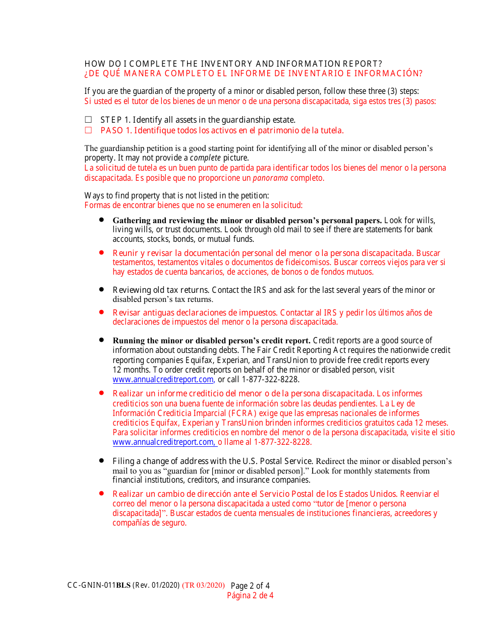 Instructions for Form CC-GN-011BLS Inventory and Information Report - Maryland (English / Spanish), Page 2