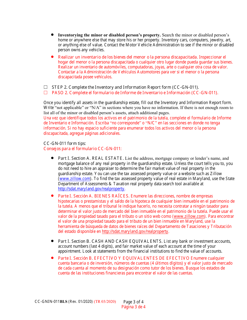 Instructions for Form CC-GN-011BLS Inventory and Information Report - Maryland (English / Spanish), Page 3