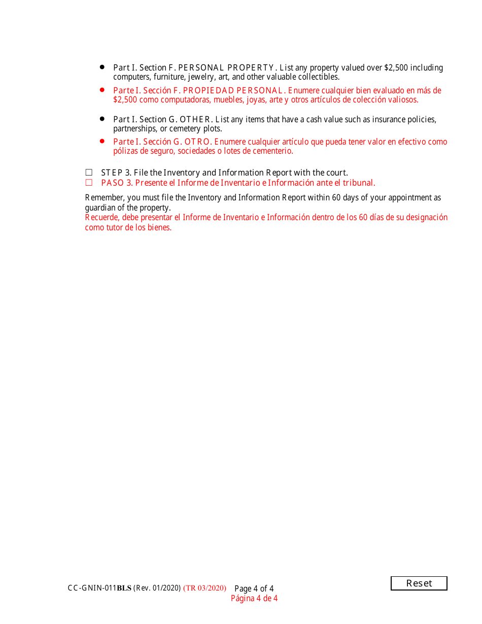 Instructions for Form CC-GN-011BLS Inventory and Information Report - Maryland (English / Spanish), Page 4
