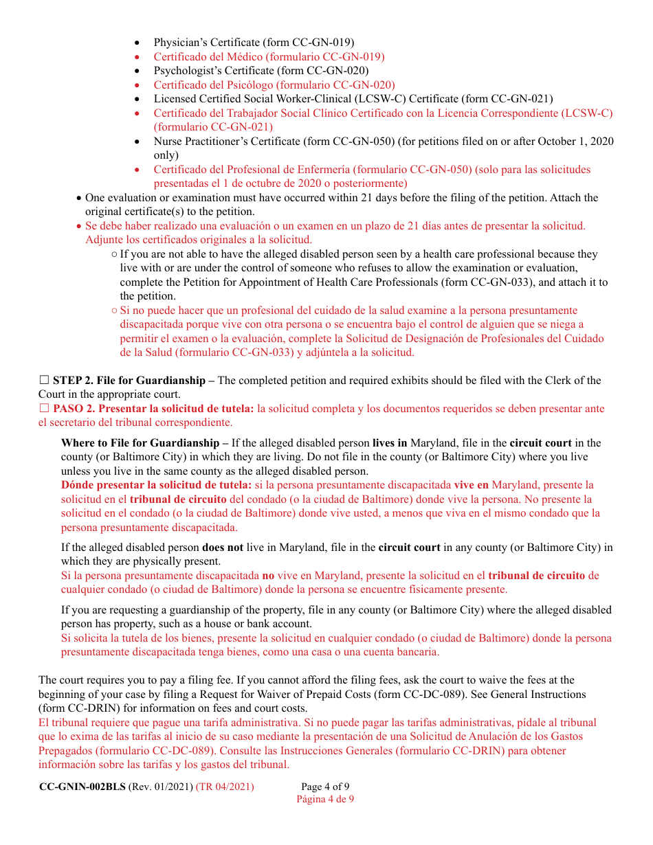 Instructions for Form CC-GN-002BLS Petition for Guardianship of Alleged Disabled Person - Maryland (English / Spanish), Page 4