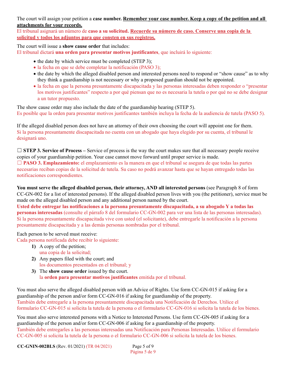 Instructions for Form CC-GN-002BLS Petition for Guardianship of Alleged Disabled Person - Maryland (English / Spanish), Page 5