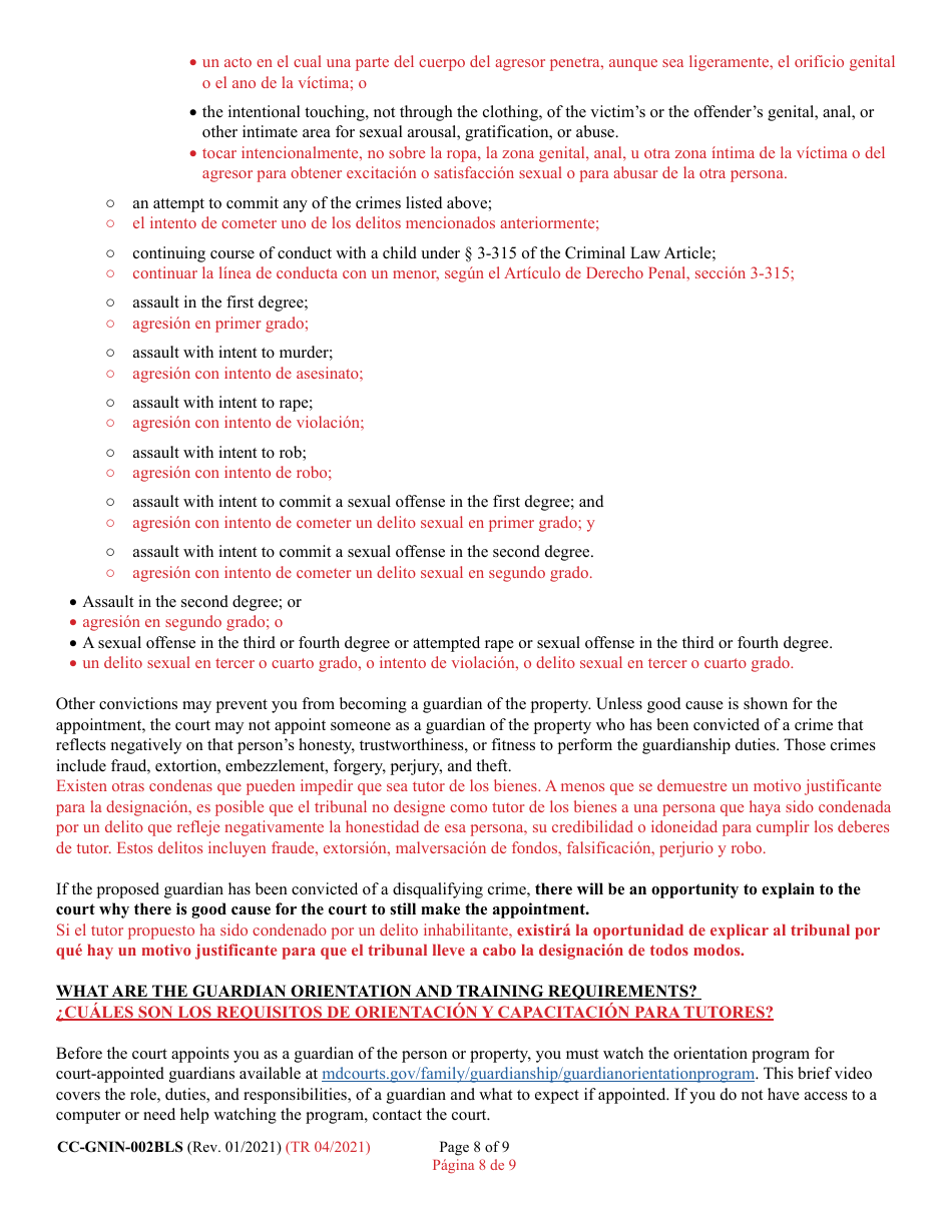 Instructions for Form CC-GN-002BLS Petition for Guardianship of Alleged Disabled Person - Maryland (English / Spanish), Page 8