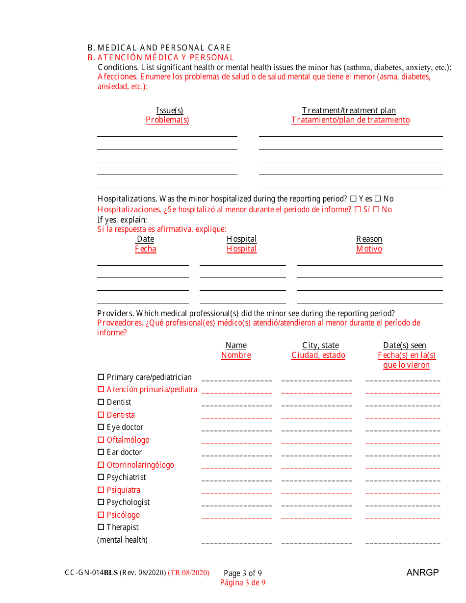Form CC-GN-014BLS Annual Report of Guardian of a Minor - Maryland (English / Spanish), Page 3