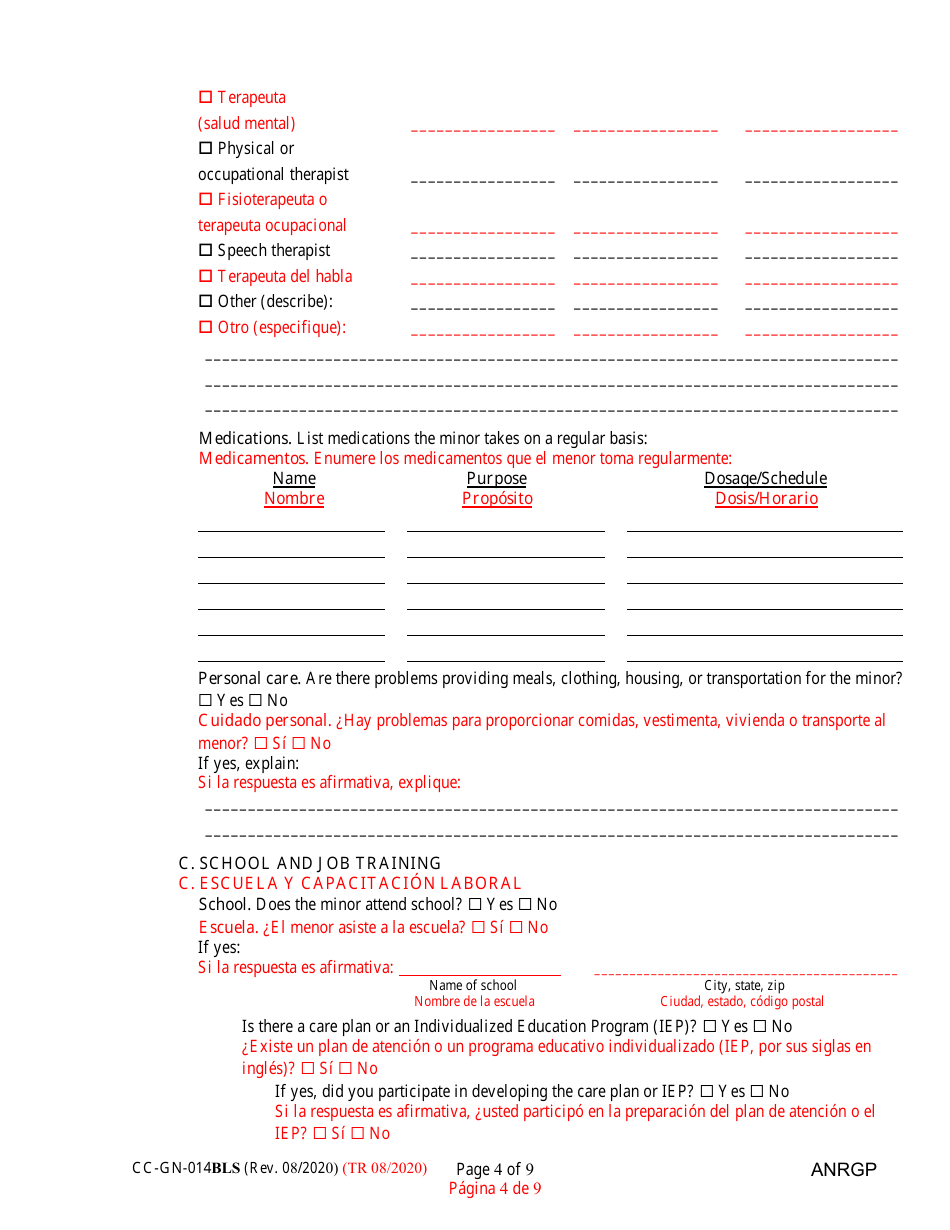 Form CC-GN-014BLS Annual Report of Guardian of a Minor - Maryland (English / Spanish), Page 4