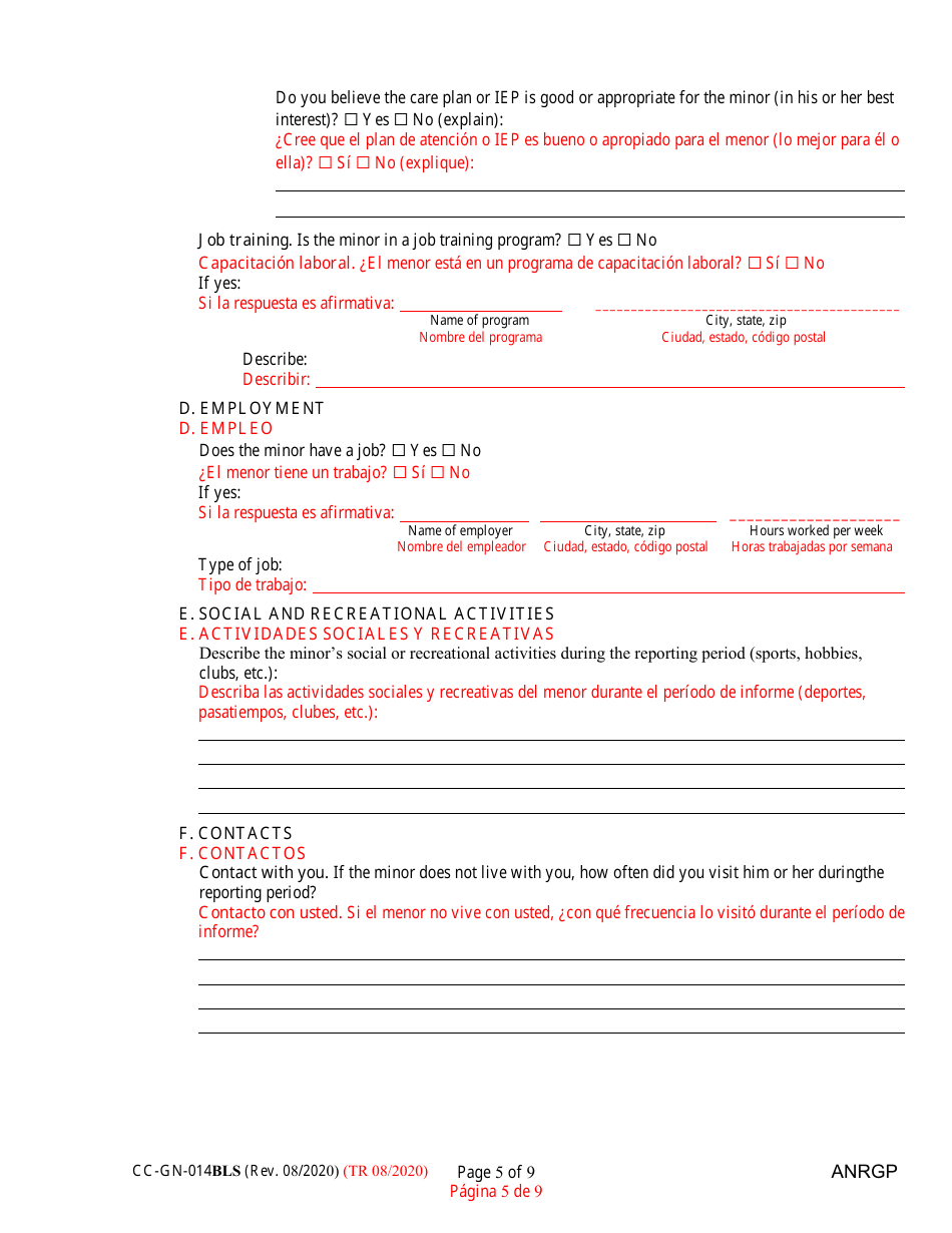 Form CC-GN-014BLS Annual Report of Guardian of a Minor - Maryland (English / Spanish), Page 5