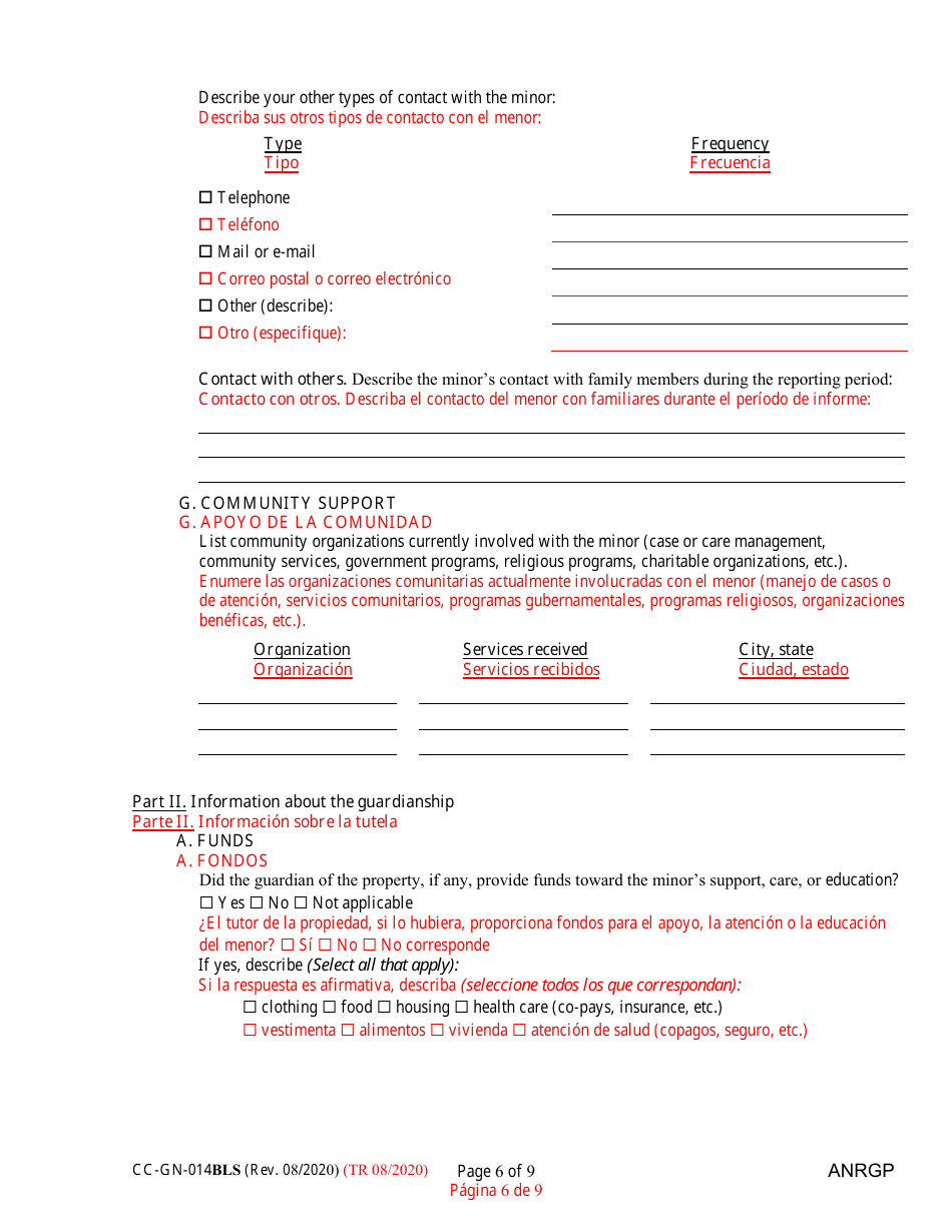 Form CC-GN-014BLS Annual Report of Guardian of a Minor - Maryland (English / Spanish), Page 6