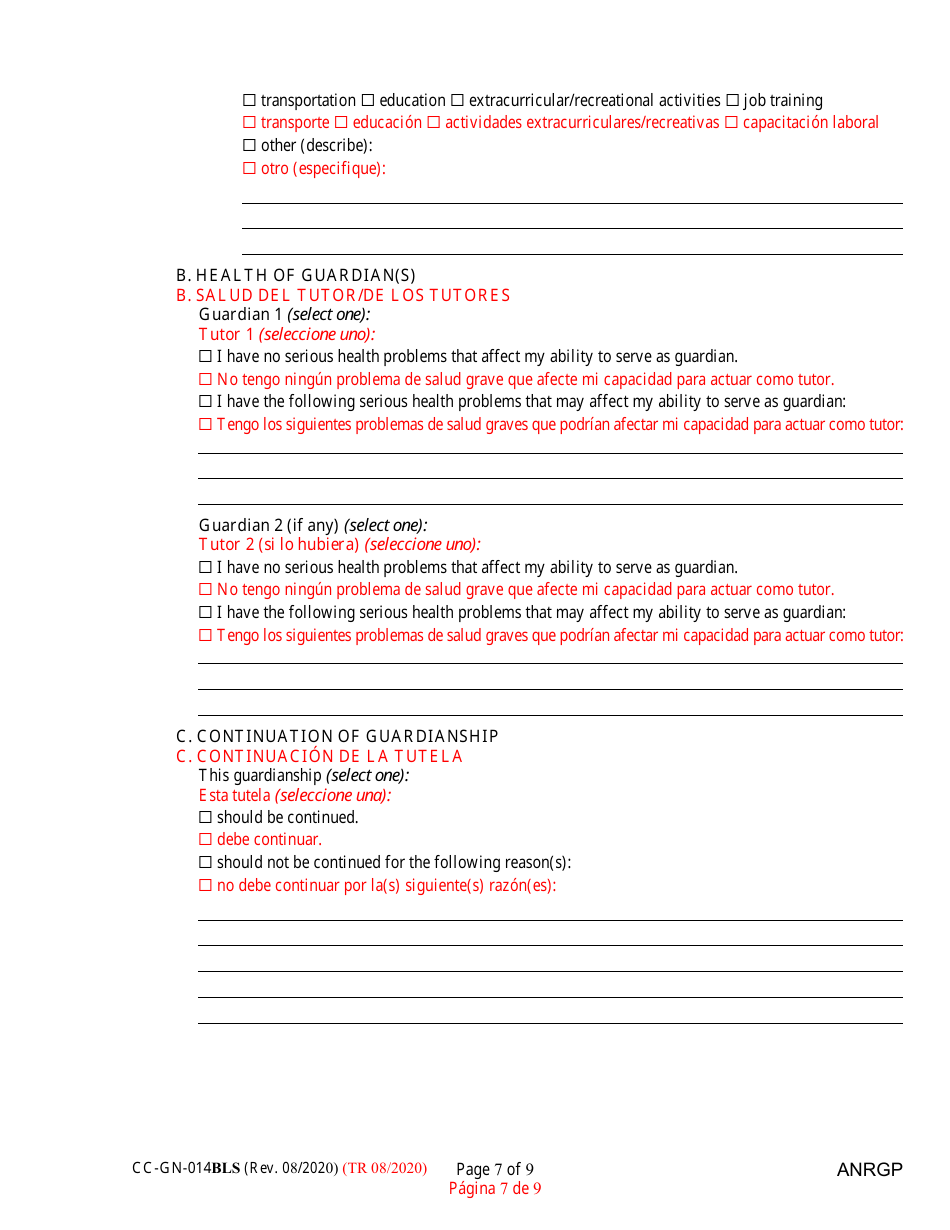 Form CC-GN-014BLS Annual Report of Guardian of a Minor - Maryland (English / Spanish), Page 7
