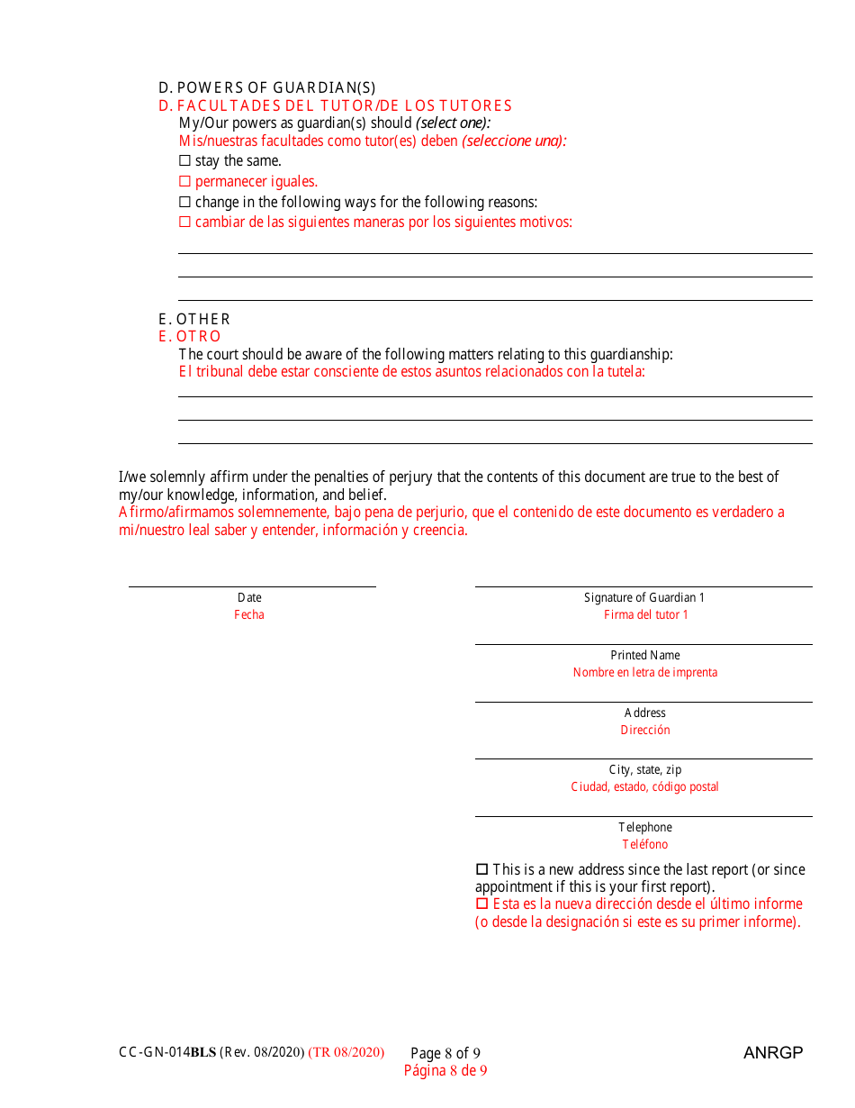 Form CC-GN-014BLS Annual Report of Guardian of a Minor - Maryland (English / Spanish), Page 8