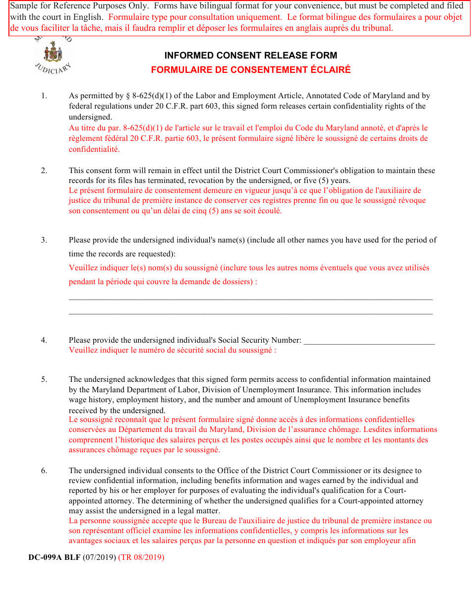 Form DC-099A BLF Informed Consent Release Form - Maryland (English / French), Page 1