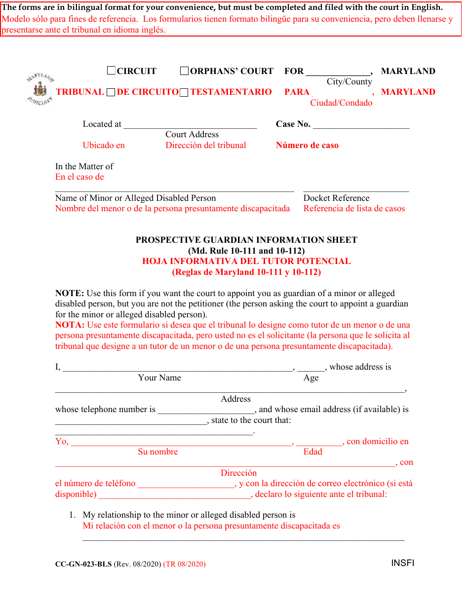 Form CC-GN-023-BLS Prospective Guardian Information Sheet - Maryland (English / Spanish), Page 1