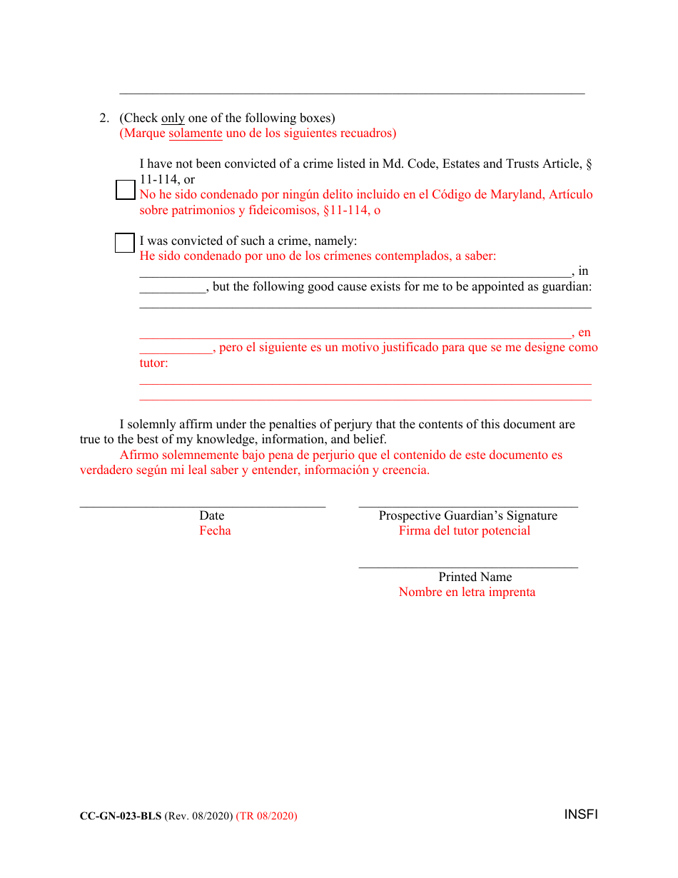 Form CC-GN-023-BLS Prospective Guardian Information Sheet - Maryland (English / Spanish), Page 2