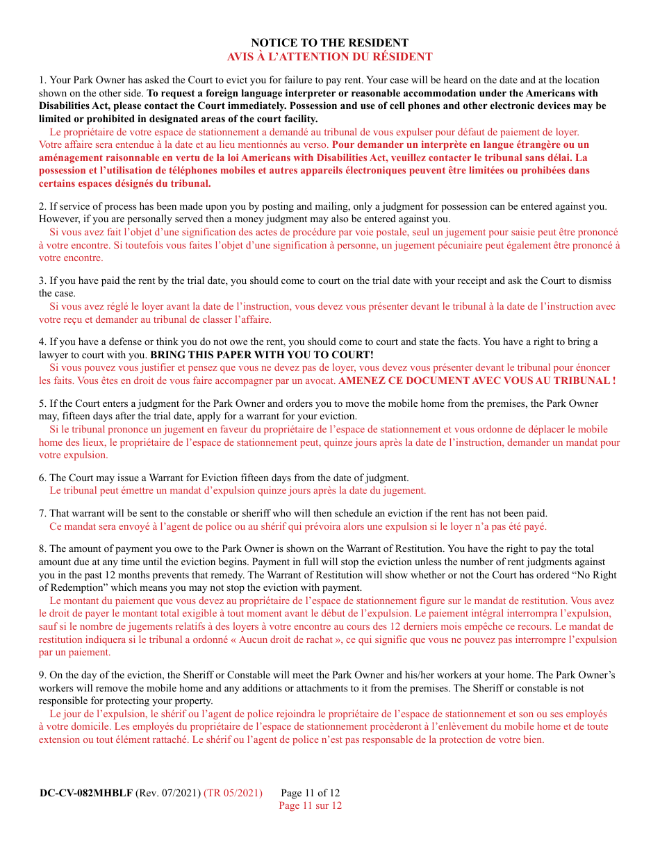 Form DC-CV-082MHBLF Failure to Pay Rent - Park Owners Complaint for Repossession of Rented Property Real Property 8a-1701 - Maryland (English / French), Page 11