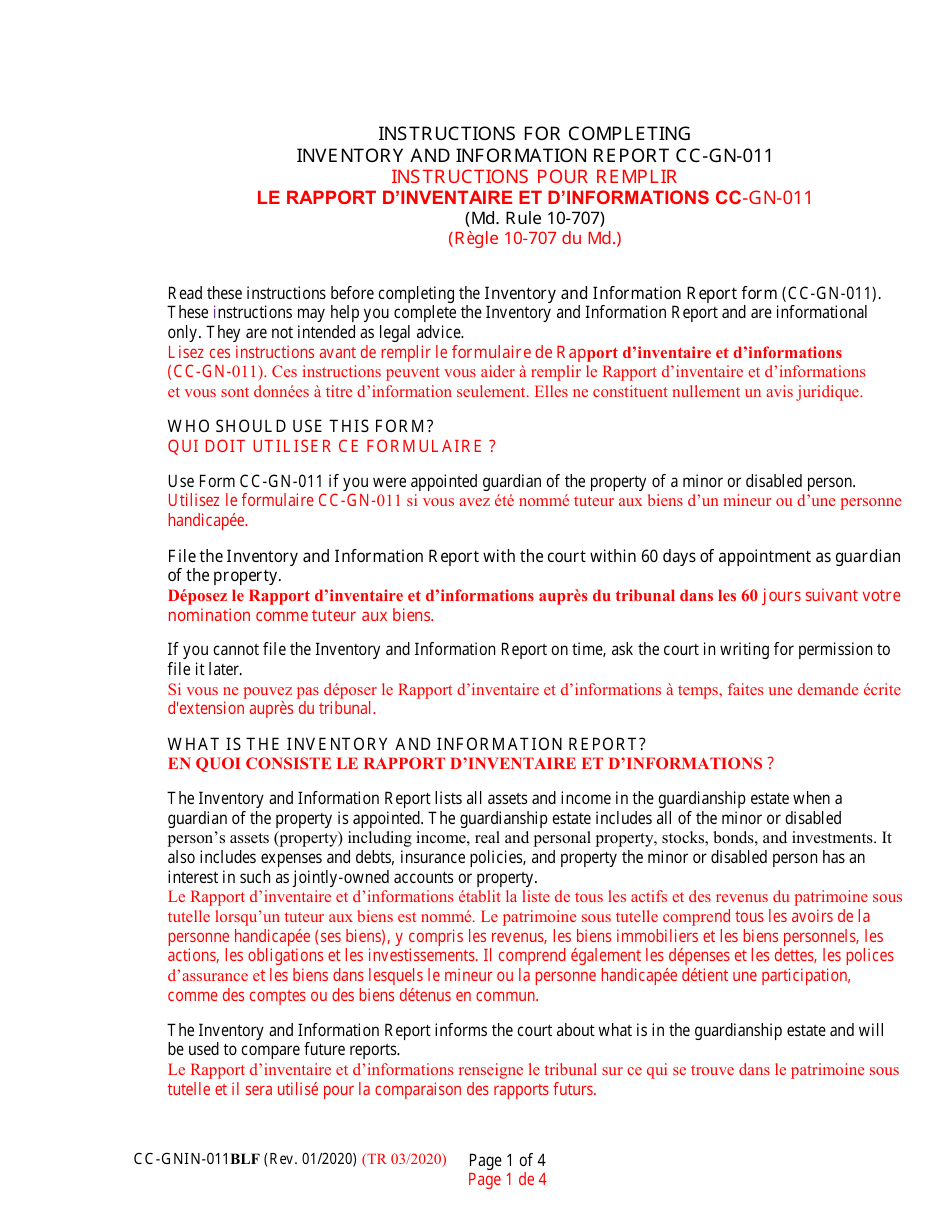 Instructions for Form CC-GN-011BLF Inventory and Information Report - Maryland (English / French), Page 1