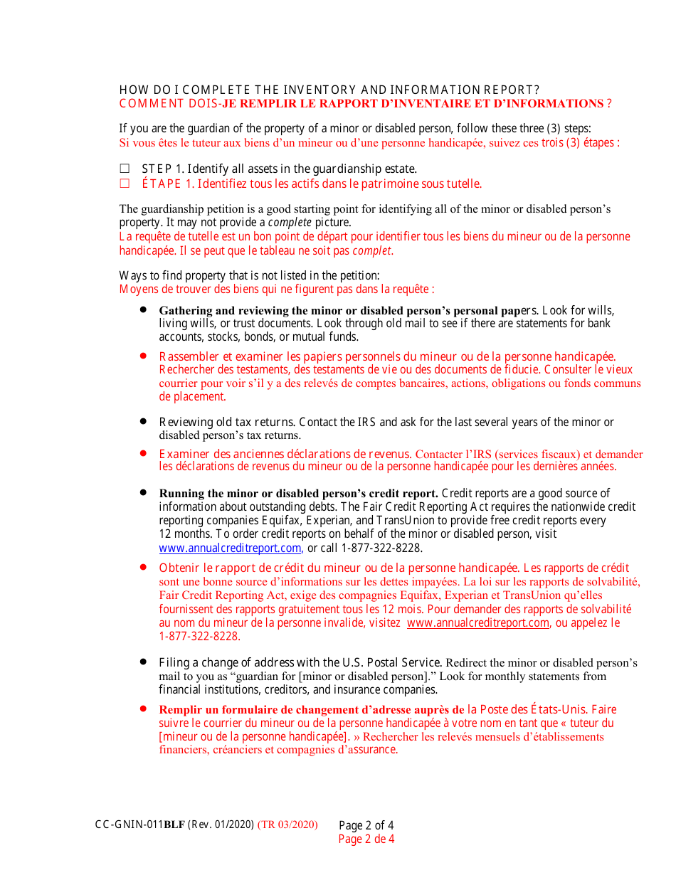 Instructions for Form CC-GN-011BLF Inventory and Information Report - Maryland (English / French), Page 2