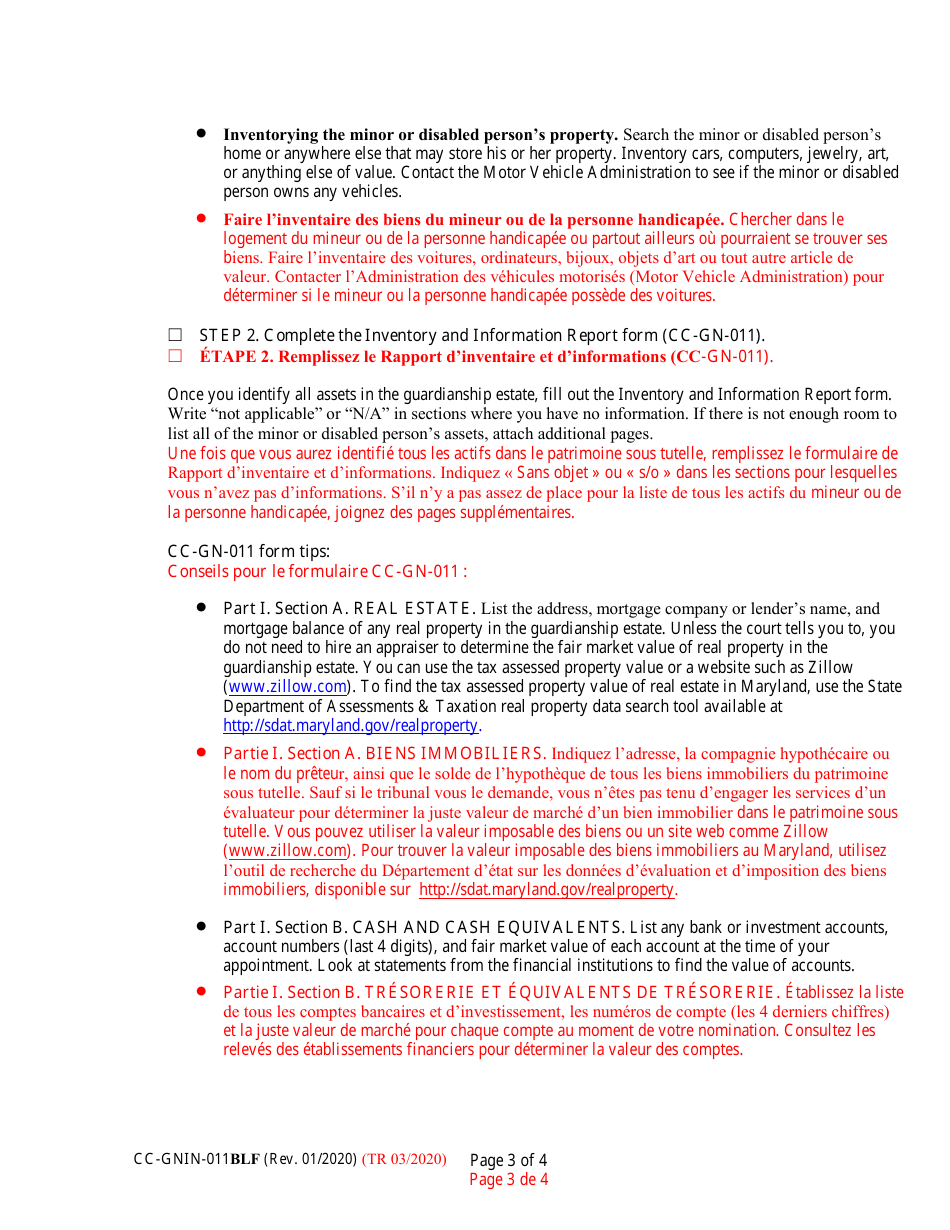 Instructions for Form CC-GN-011BLF Inventory and Information Report - Maryland (English / French), Page 3