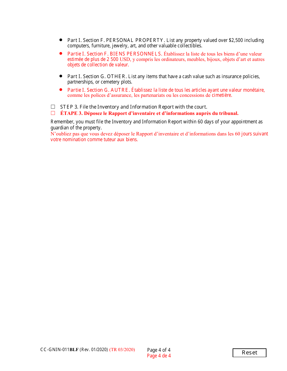 Instructions for Form CC-GN-011BLF Inventory and Information Report - Maryland (English / French), Page 4
