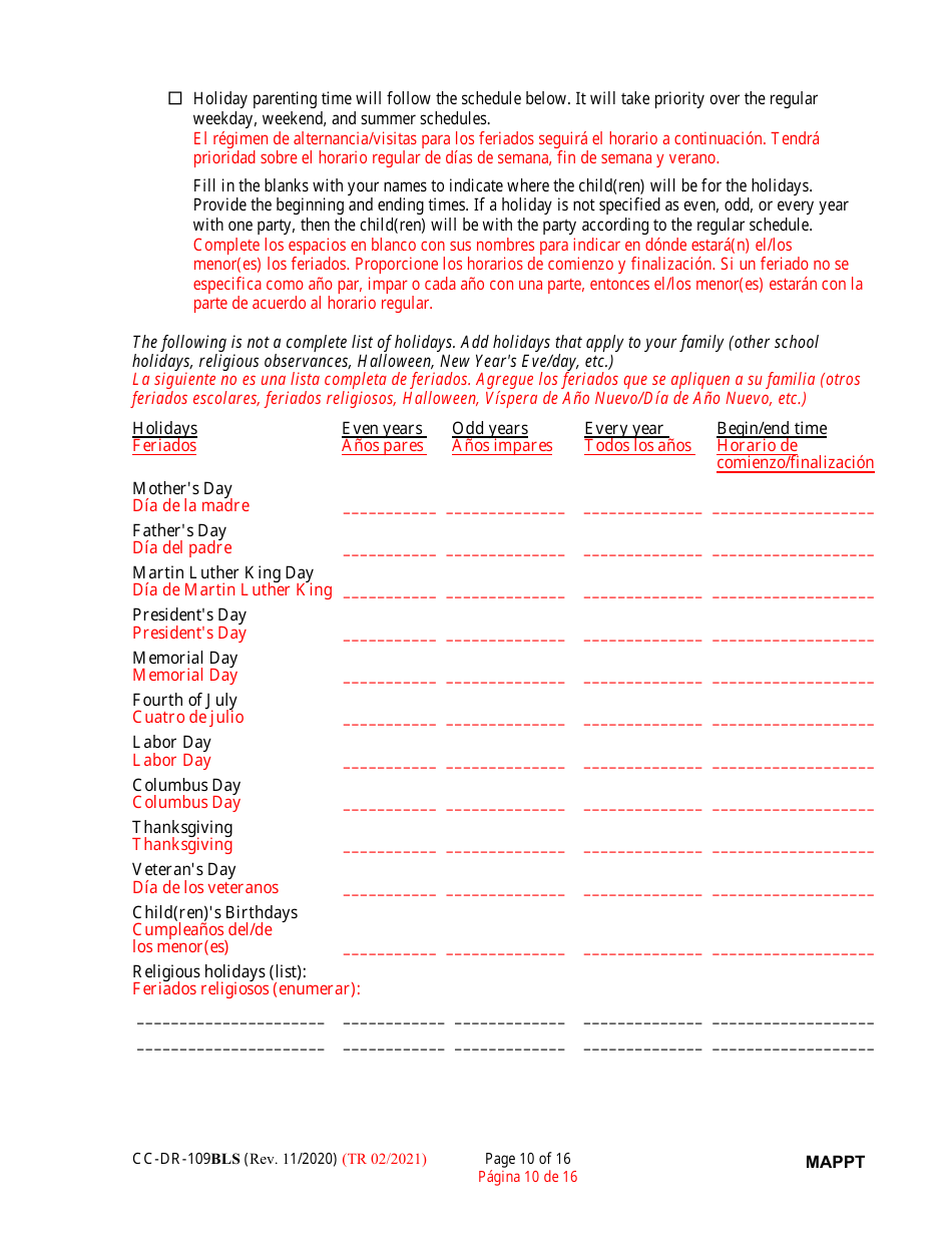 Form CC-DR-109BLS Maryland Parenting Plan Tool - Maryland (English / Spanish), Page 10