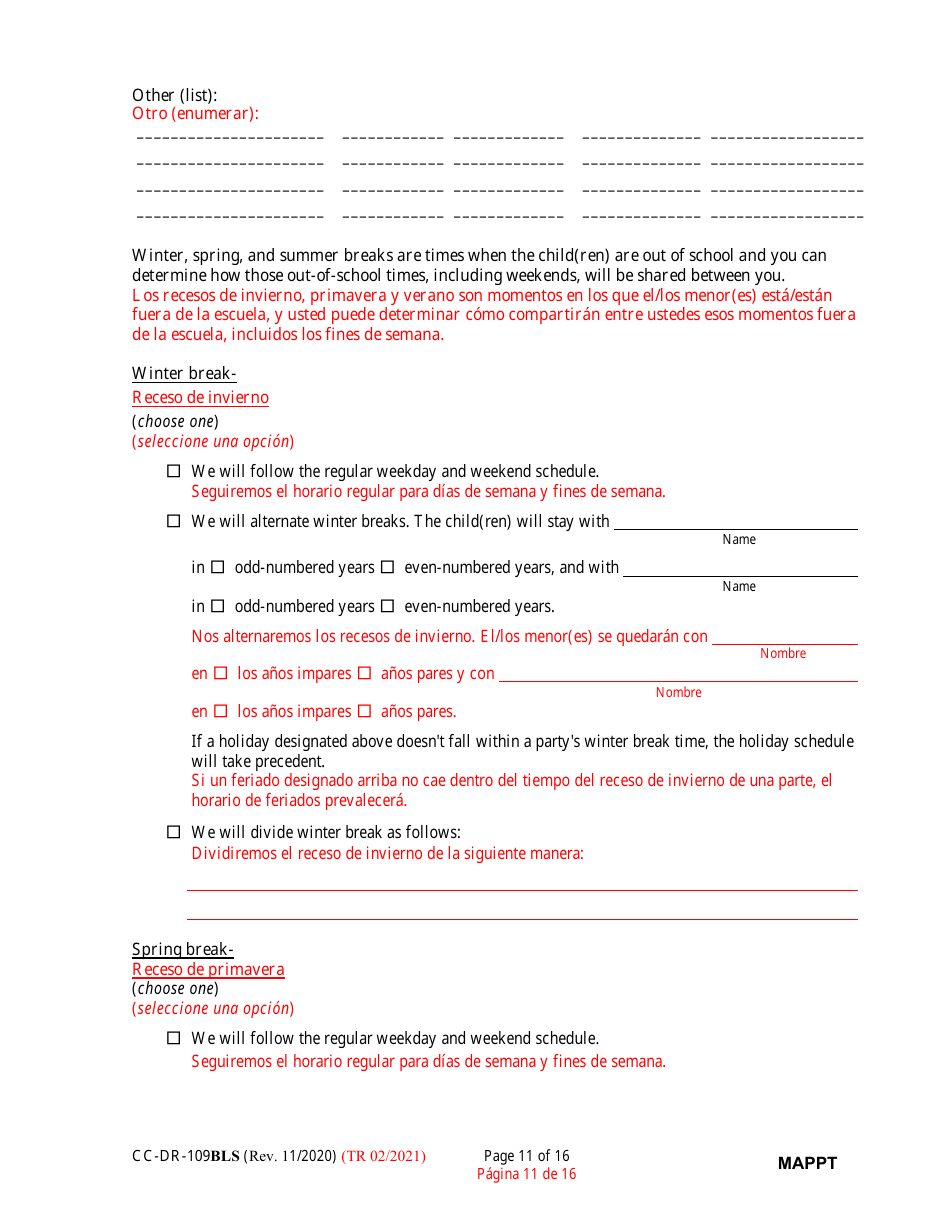 Form CC-DR-109BLS Maryland Parenting Plan Tool - Maryland (English / Spanish), Page 11